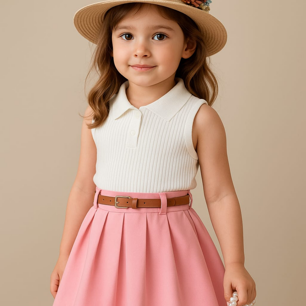 Elegant Baby Girl Summer Dress – White Ribbed Top & Pink Skirt with Belt