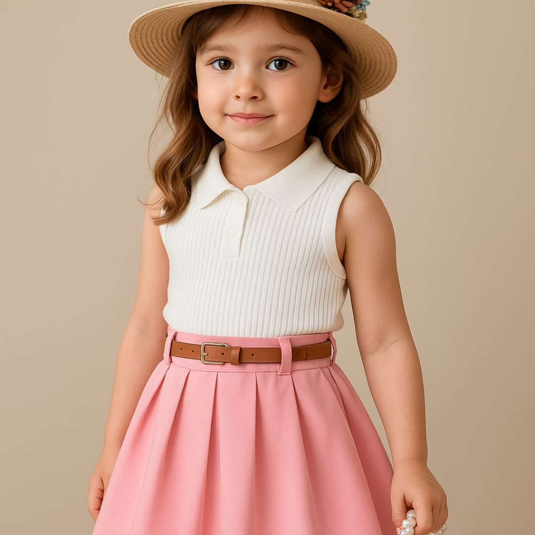 Elegant Baby Girl Summer Dress – White Ribbed Top & Pink Skirt with Belt