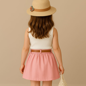 Elegant Baby Girl Summer Dress – White Ribbed Top & Pink Skirt with Belt