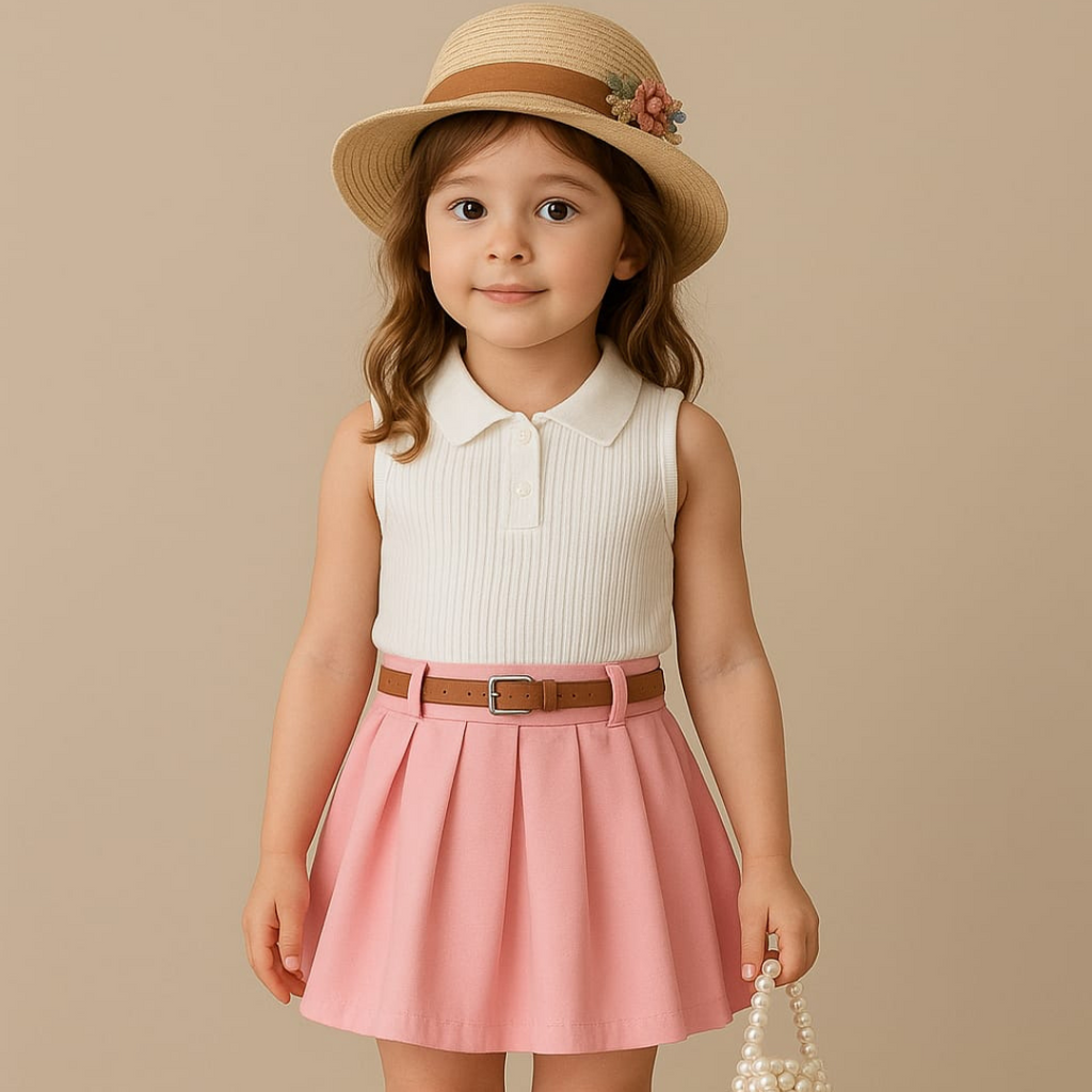 Elegant Baby Girl Summer Dress – White Ribbed Top & Pink Skirt with Belt