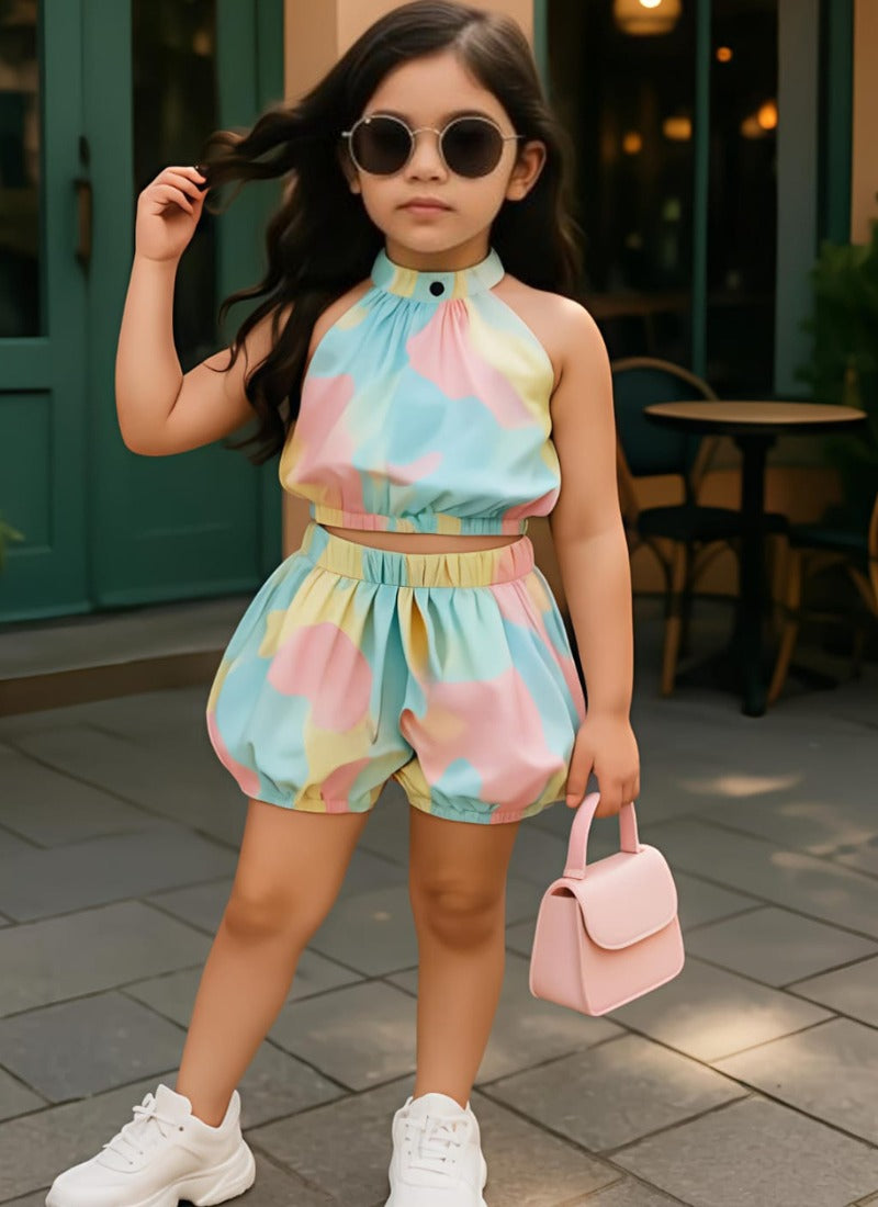 🌈 Trendy Pastel Halter Top & Bubble Shorts Co-Ord Set – Summer Style for Girls