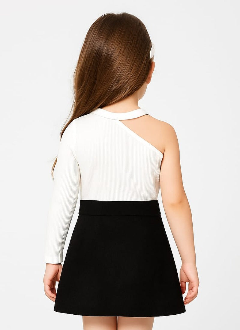 ⭐ Modern One-Sleeve White Top & Black Skirt Set for Girls – Glam Party Look