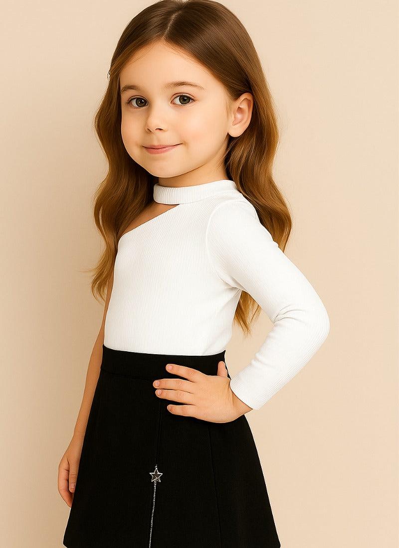 ⭐ Modern One-Sleeve White Top & Black Skirt Set for Girls – Glam Party Look