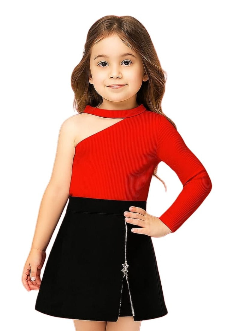 🔥 Bold Red One-Sleeve Top & Black Skirt Set for Girls – Glam Festive Wear