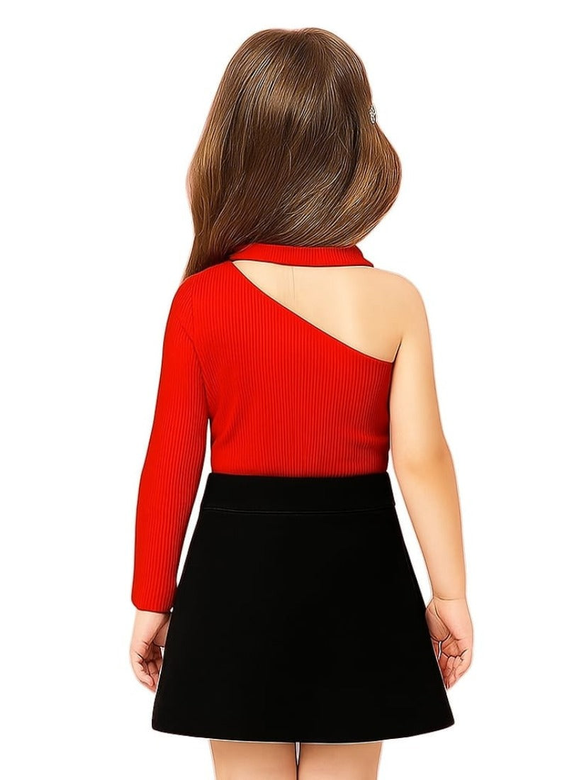 🔥 Bold Red One-Sleeve Top & Black Skirt Set for Girls – Glam Festive Wear