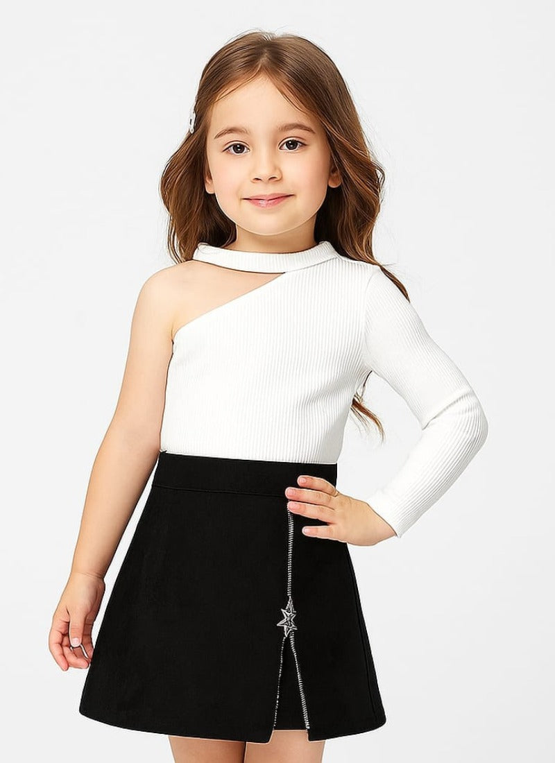 ⭐ Modern One-Sleeve White Top & Black Skirt Set for Girls – Glam Party Look