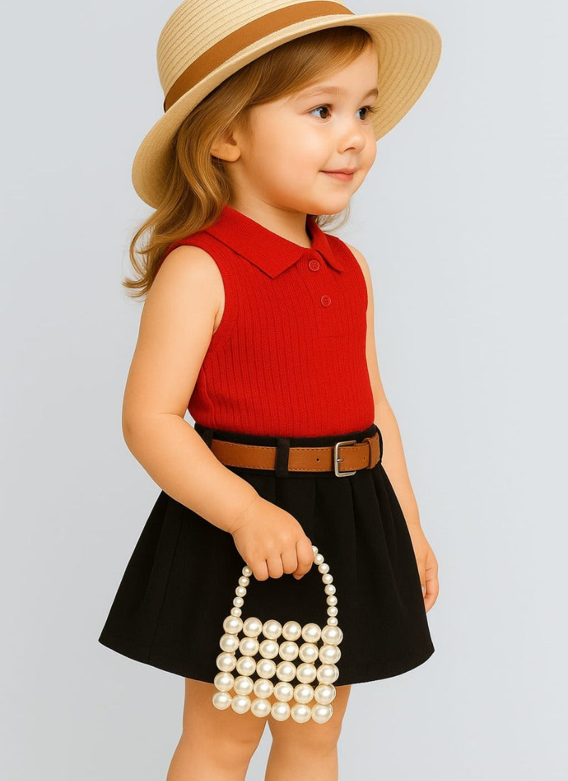 👒 Classy Red Sleeveless Polo Top & Black Skirt Set for Girls – Smart Chic Look