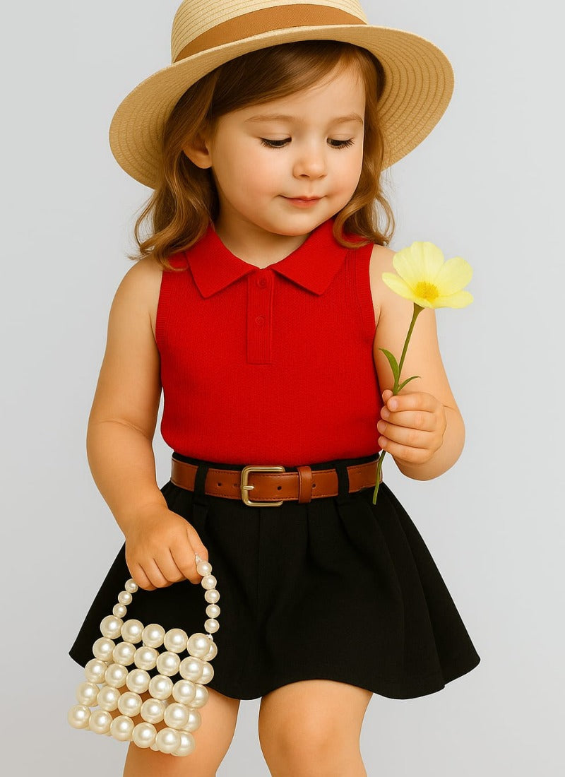 👒 Classy Red Sleeveless Polo Top & Black Skirt Set for Girls – Smart Chic Look