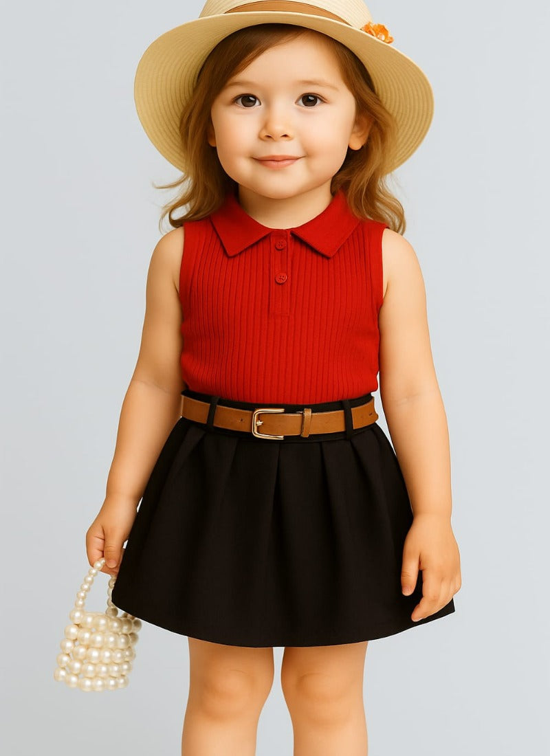 👒 Classy Red Sleeveless Polo Top & Black Skirt Set for Girls – Smart Chic Look