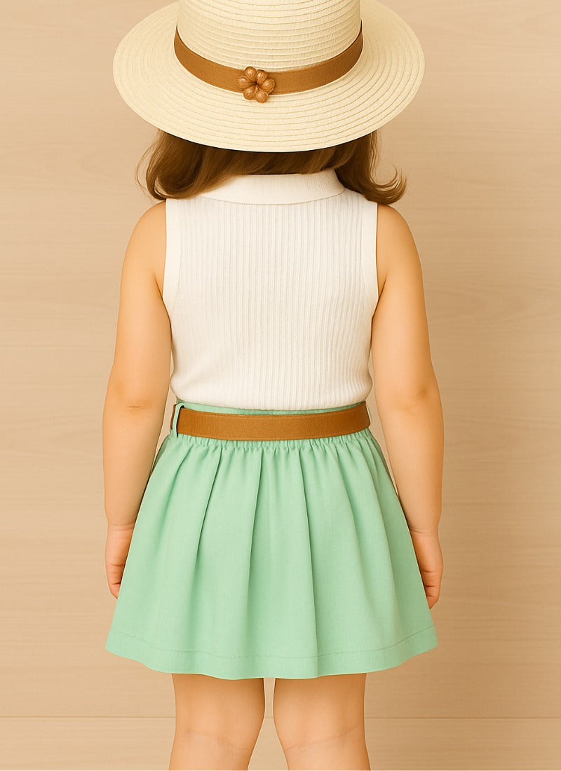 🌿 Mint Green Skirt & Sleeveless White Polo Top Set for Girls – Elegant & Breezy Look