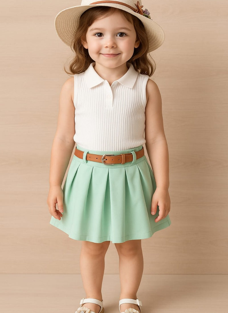 🌿 Mint Green Skirt & Sleeveless White Polo Top Set for Girls – Elegant & Breezy Look