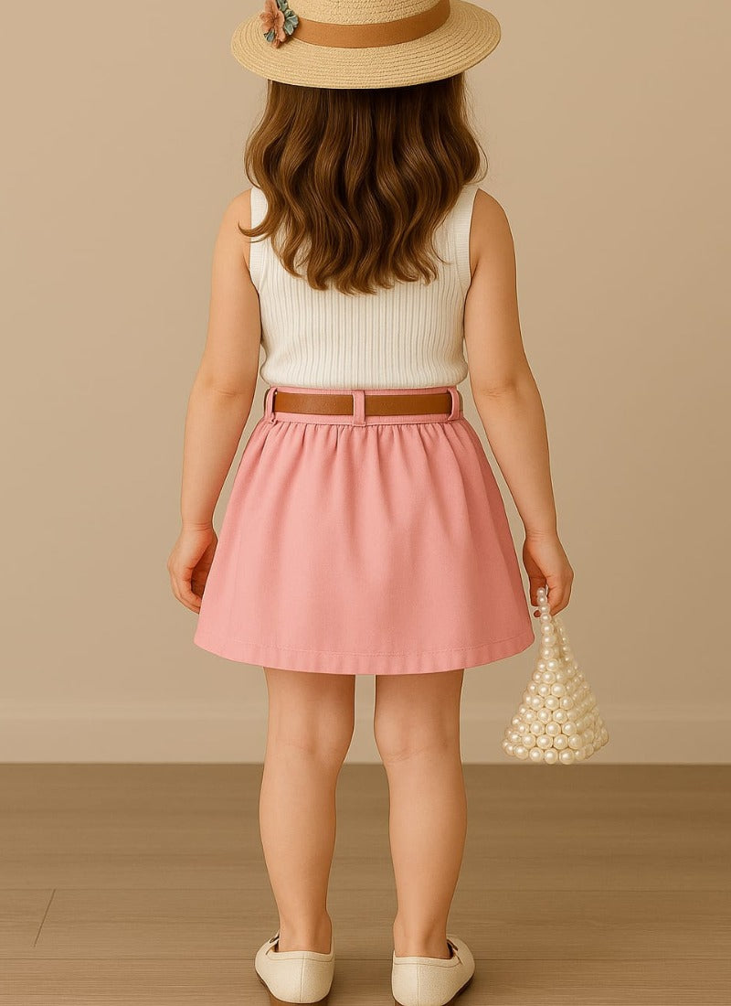🎀 Elegant White Polo Top & Pink Pleated Skirt Set for Girls – Classic Summer Charm