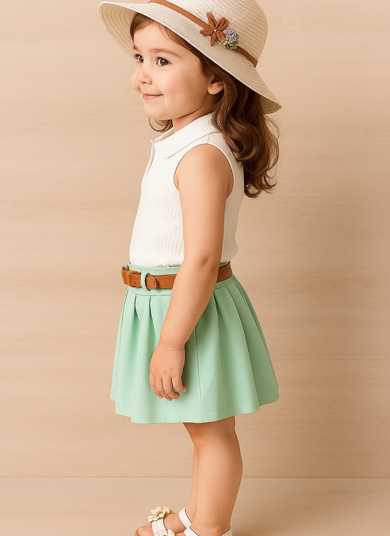 🌿 Mint Green Skirt & Sleeveless White Polo Top Set for Girls – Elegant & Breezy Look