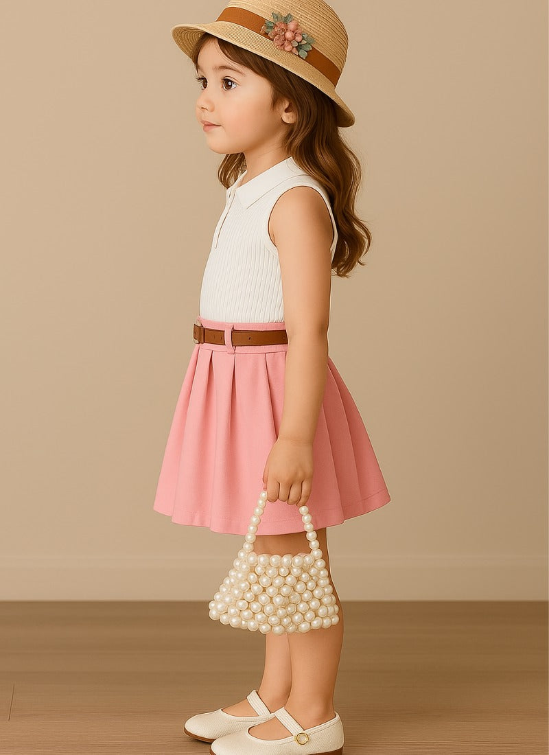 🎀 Elegant White Polo Top & Pink Pleated Skirt Set for Girls – Classic Summer Charm