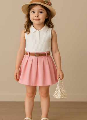 🎀 Elegant White Polo Top & Pink Pleated Skirt Set for Girls – Classic Summer Charm