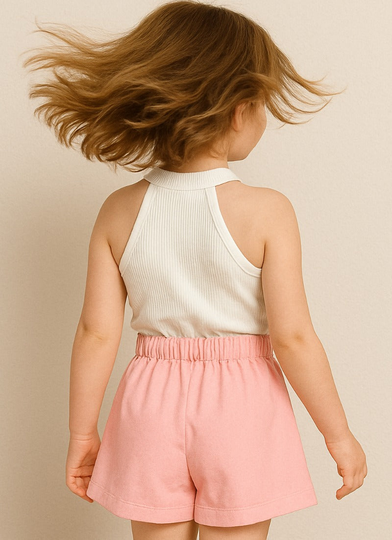 Chic White Halter Top & Baby Pink Skirt Set for Girls – Cute & Comfy Everyday Wear