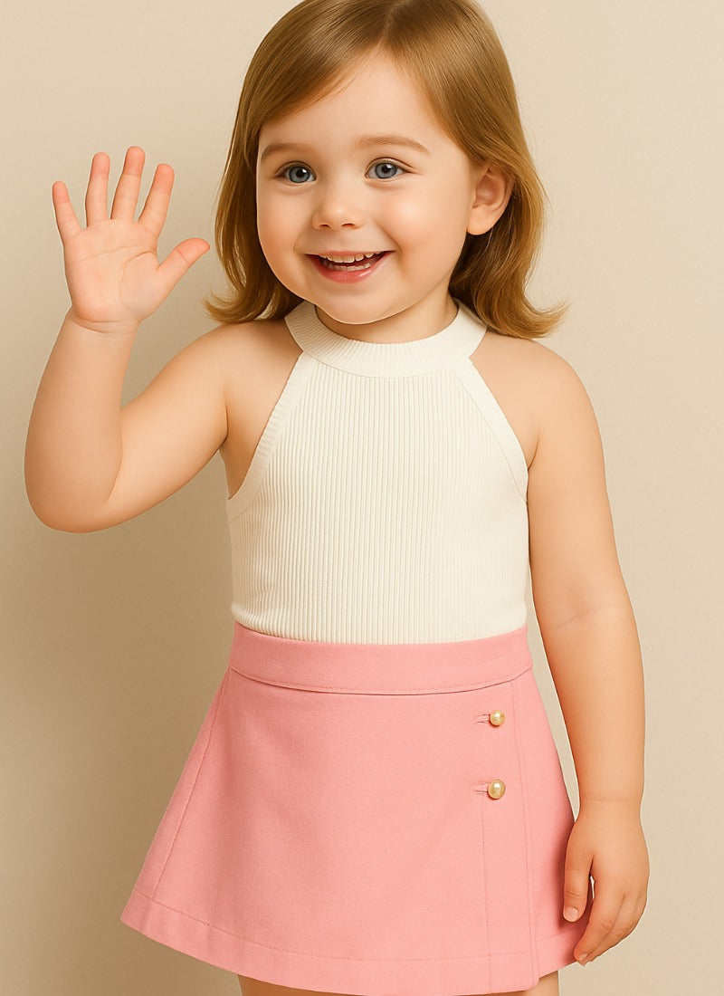 Chic White Halter Top & Baby Pink Skirt Set for Girls – Cute & Comfy Everyday Wear