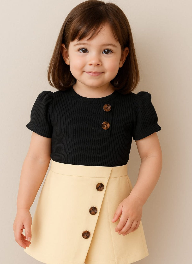 🖤 Black Ribbed Puff Sleeve Top & Cream Button Skirt – Stylish Toddler Girl Outfit