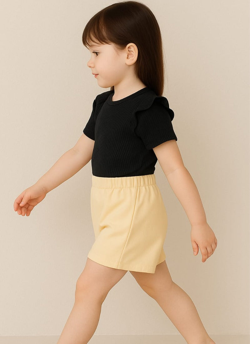 🖤 Black Ribbed Puff Sleeve Top & Cream Button Skirt – Stylish Toddler Girl Outfit