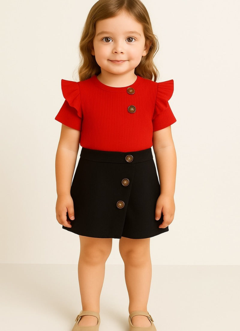 Bold Red Ruffle Top & Black Skort Set for Girls | Playful Style