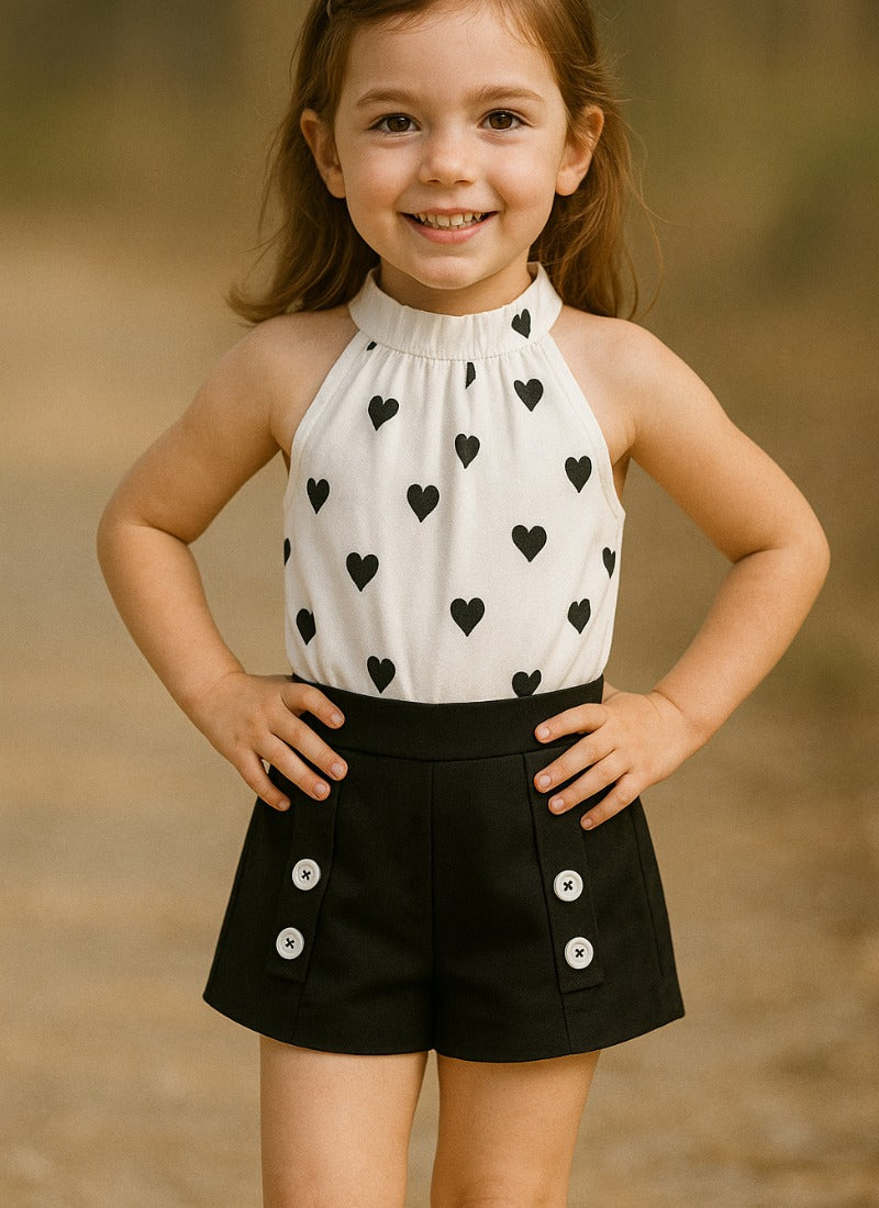 Adorable Heart Print Halter Top & Black Shorts Set for Girls