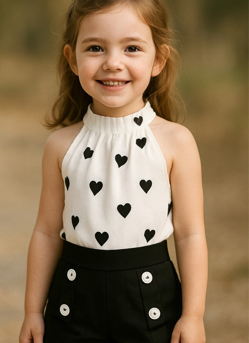 Adorable Heart Print Halter Top & Black Shorts Set for Girls