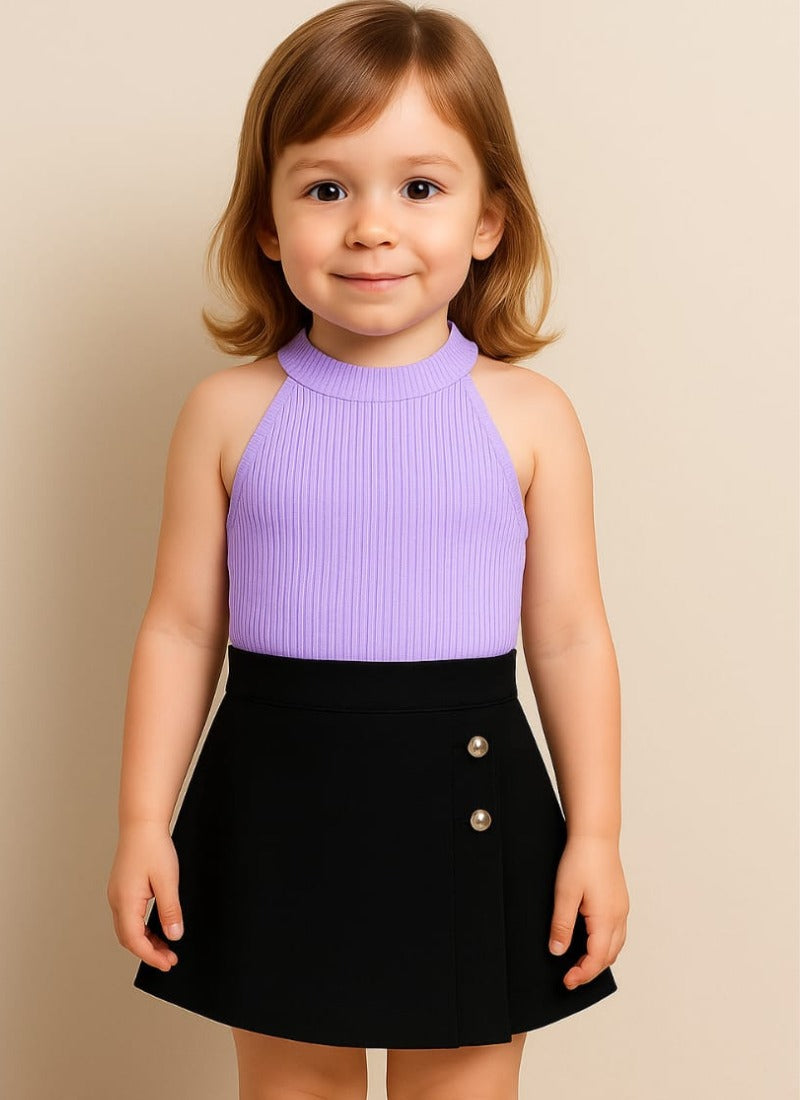 Sweet Lilac Ribbed Halter Top & Black Skort Set for Girls