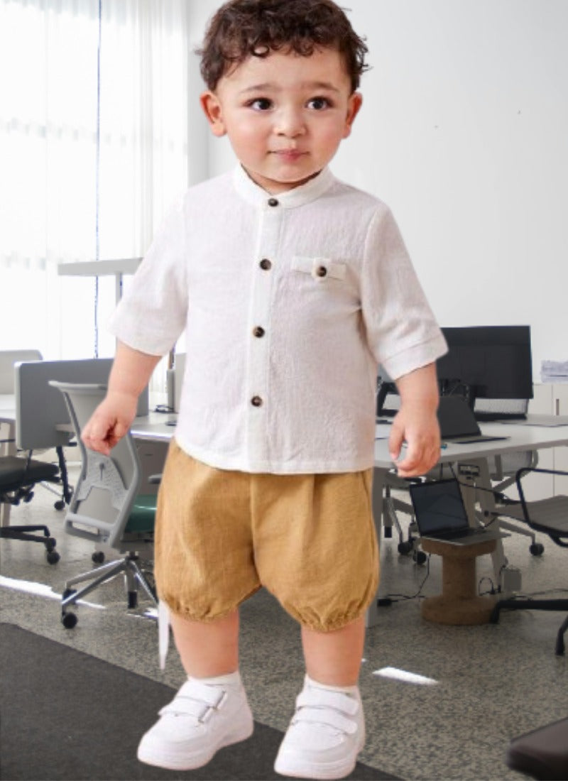 Classic Linen-Look White Shirt & Tan Bloomers Set for Baby Boys