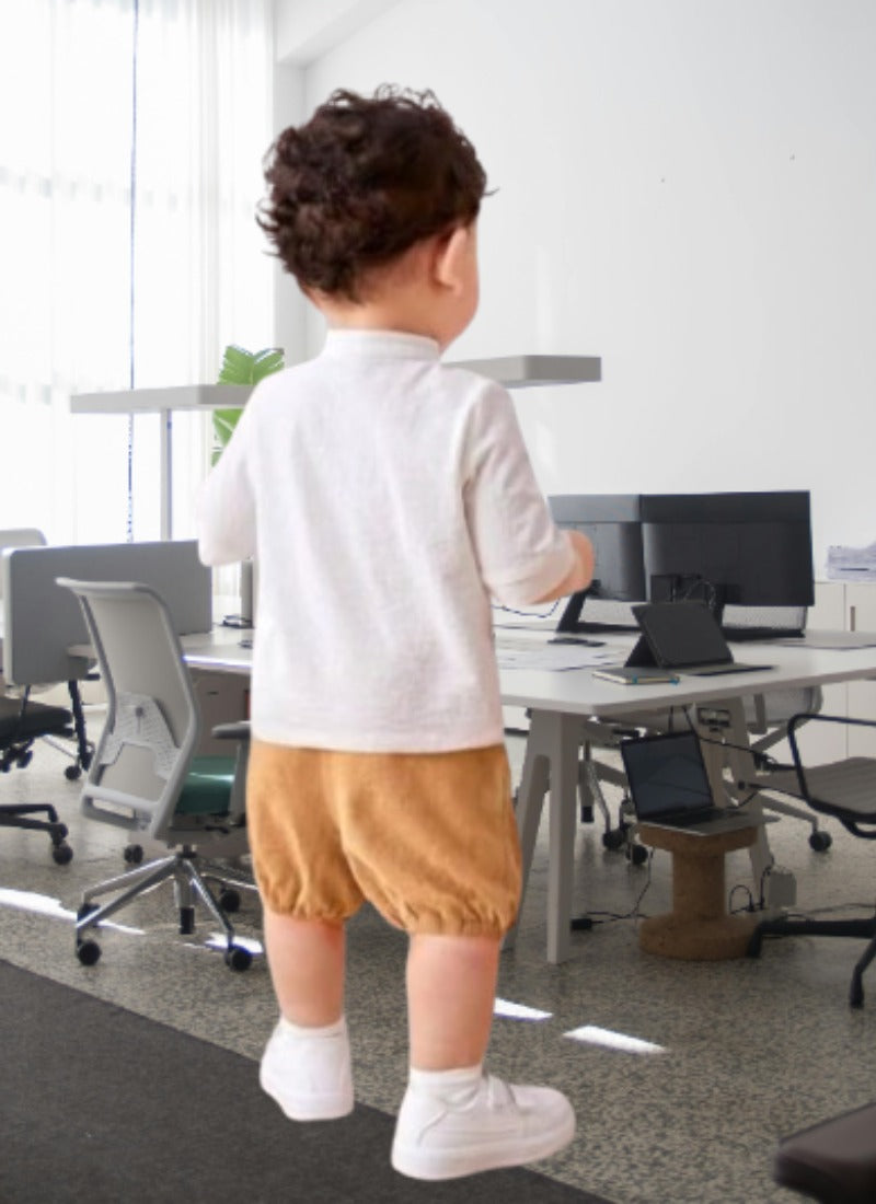 Classic Linen-Look White Shirt & Tan Bloomers Set for Baby Boys