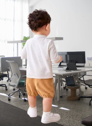 Classic Linen-Look White Shirt & Tan Bloomers Set for Baby Boys