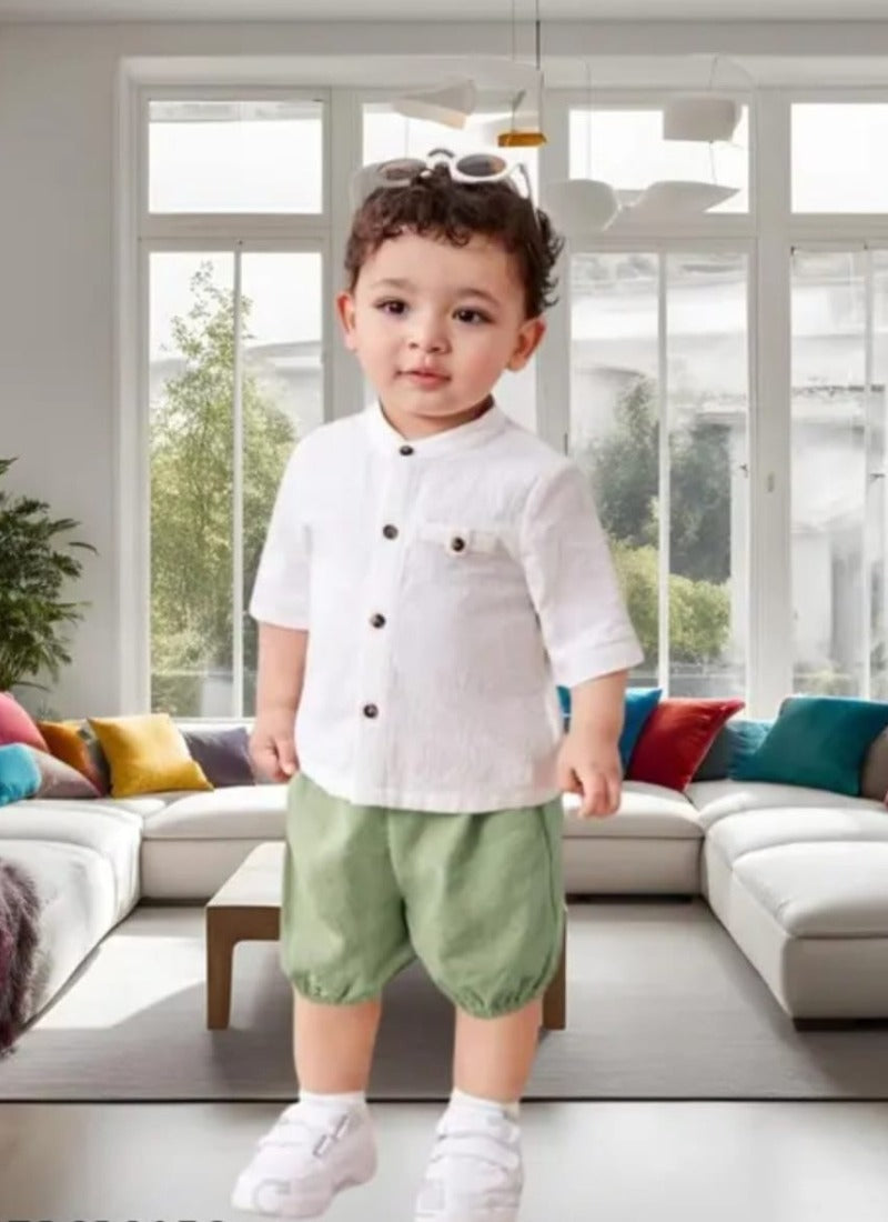 Fresh White Mandarin Shirt & Sage Green Bloomers Set for Baby Boys