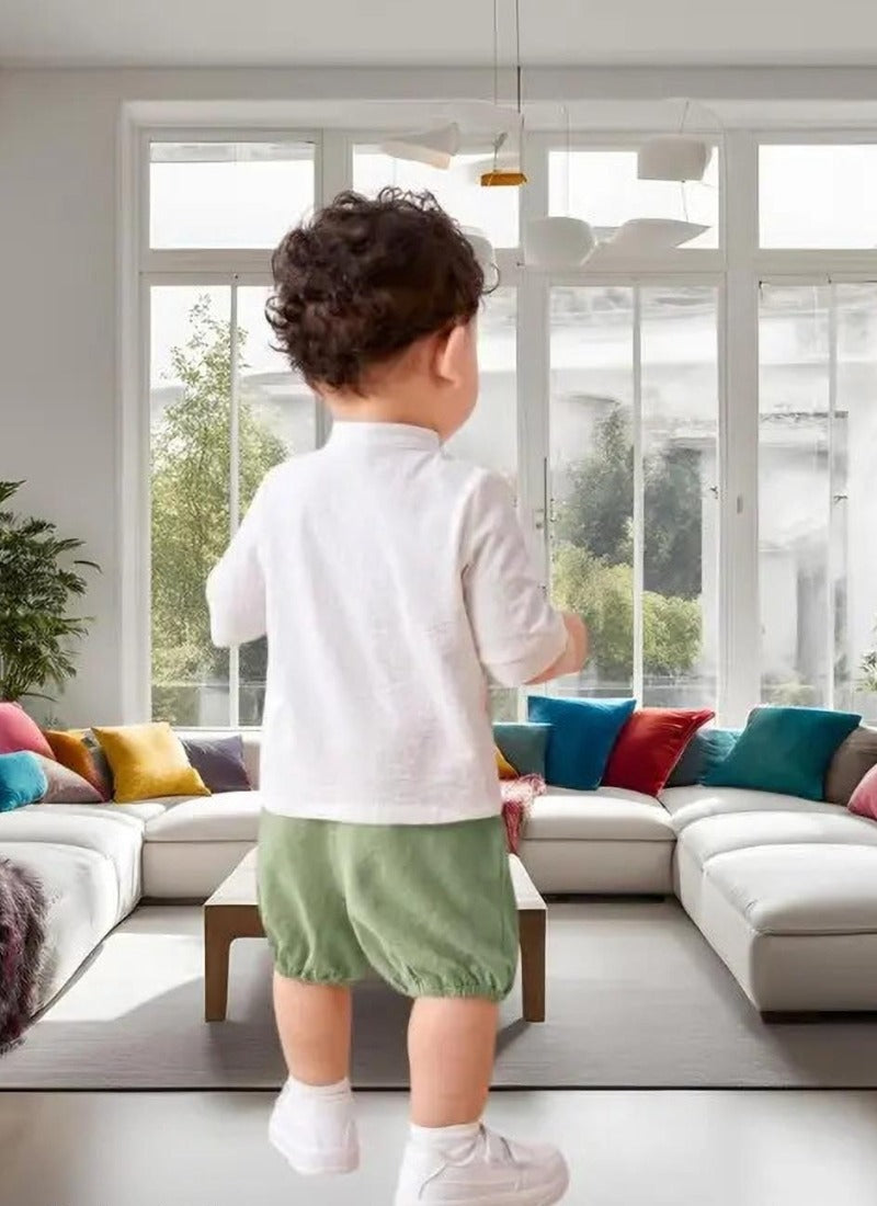 Fresh White Mandarin Shirt & Sage Green Bloomers Set for Baby Boys