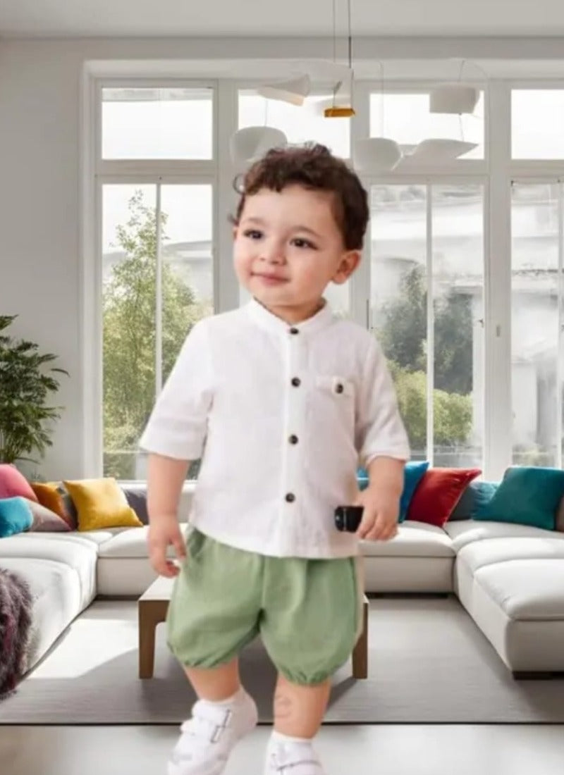 Fresh White Mandarin Shirt & Sage Green Bloomers Set for Baby Boys