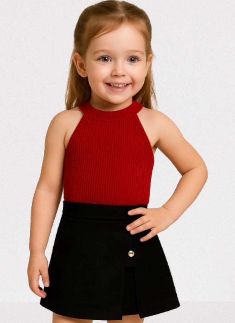 ❤️ Elegant Red Halter Top & Black Skirt Set for Girls – Stylish Party Wear Outfit