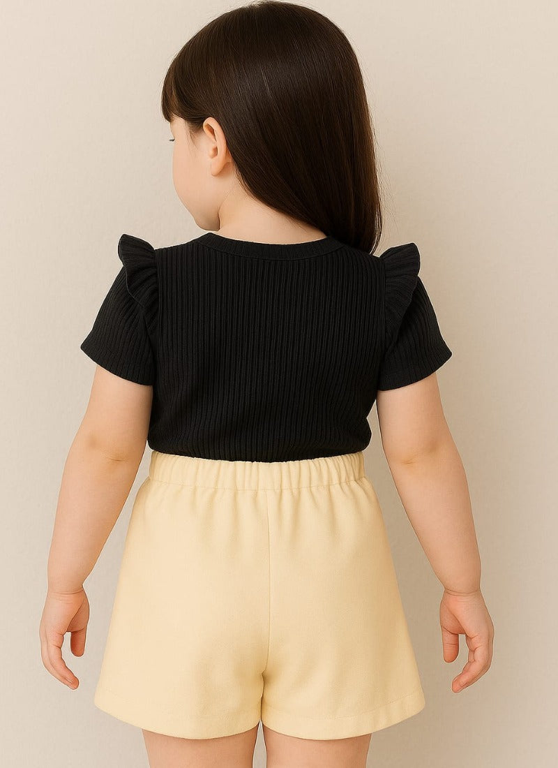 🖤 Black Ribbed Puff Sleeve Top & Cream Button Skirt – Stylish Toddler Girl Outfit