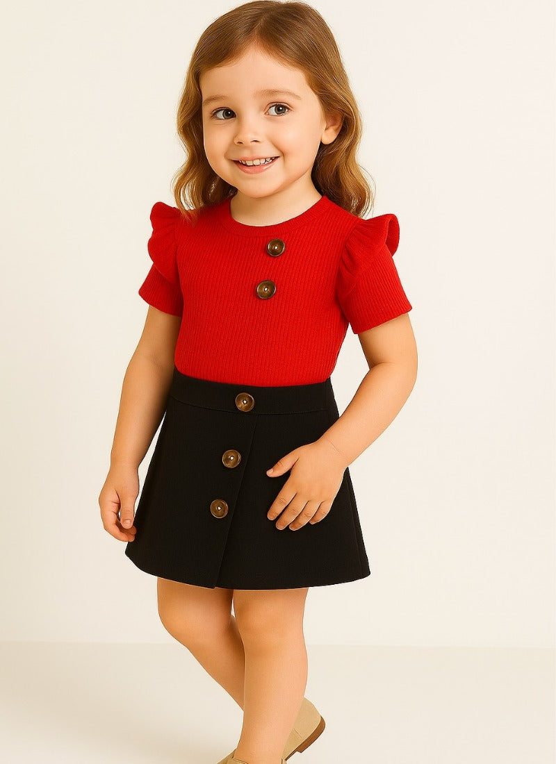 Bold Red Ruffle Top & Black Skort Set for Girls | Playful Style