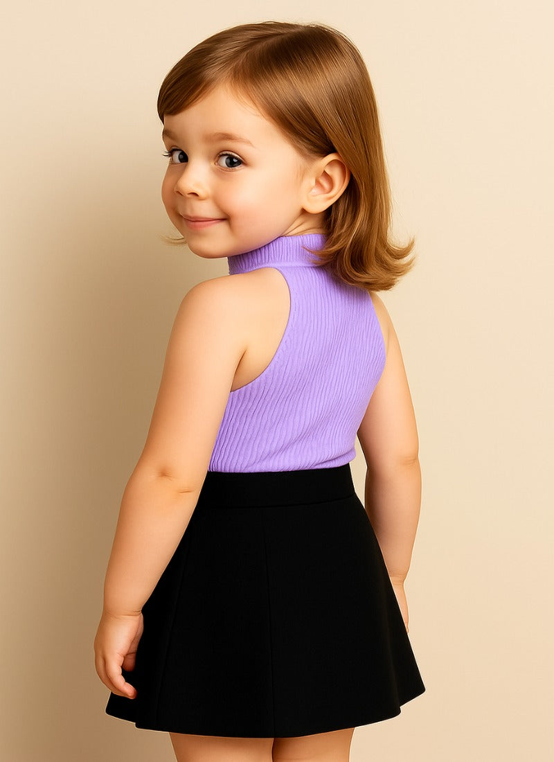 Sweet Lilac Ribbed Halter Top & Black Skort Set for Girls