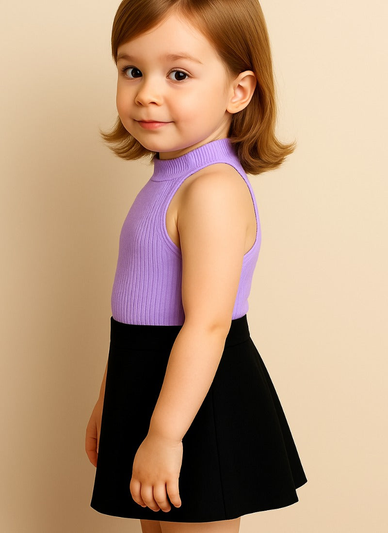 Sweet Lilac Ribbed Halter Top & Black Skort Set for Girls
